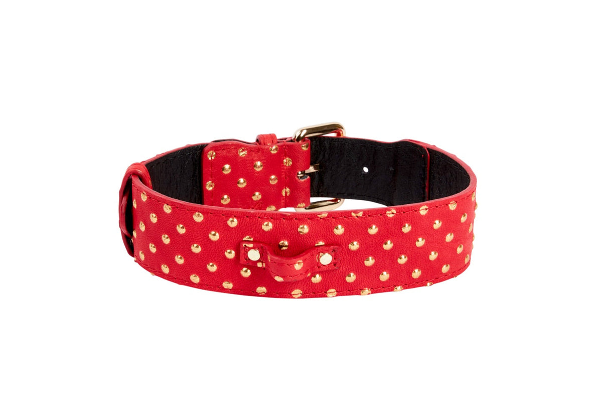 Allysa Payne Red & Gold Polka Dot Italian Leather Classic Dog Collar