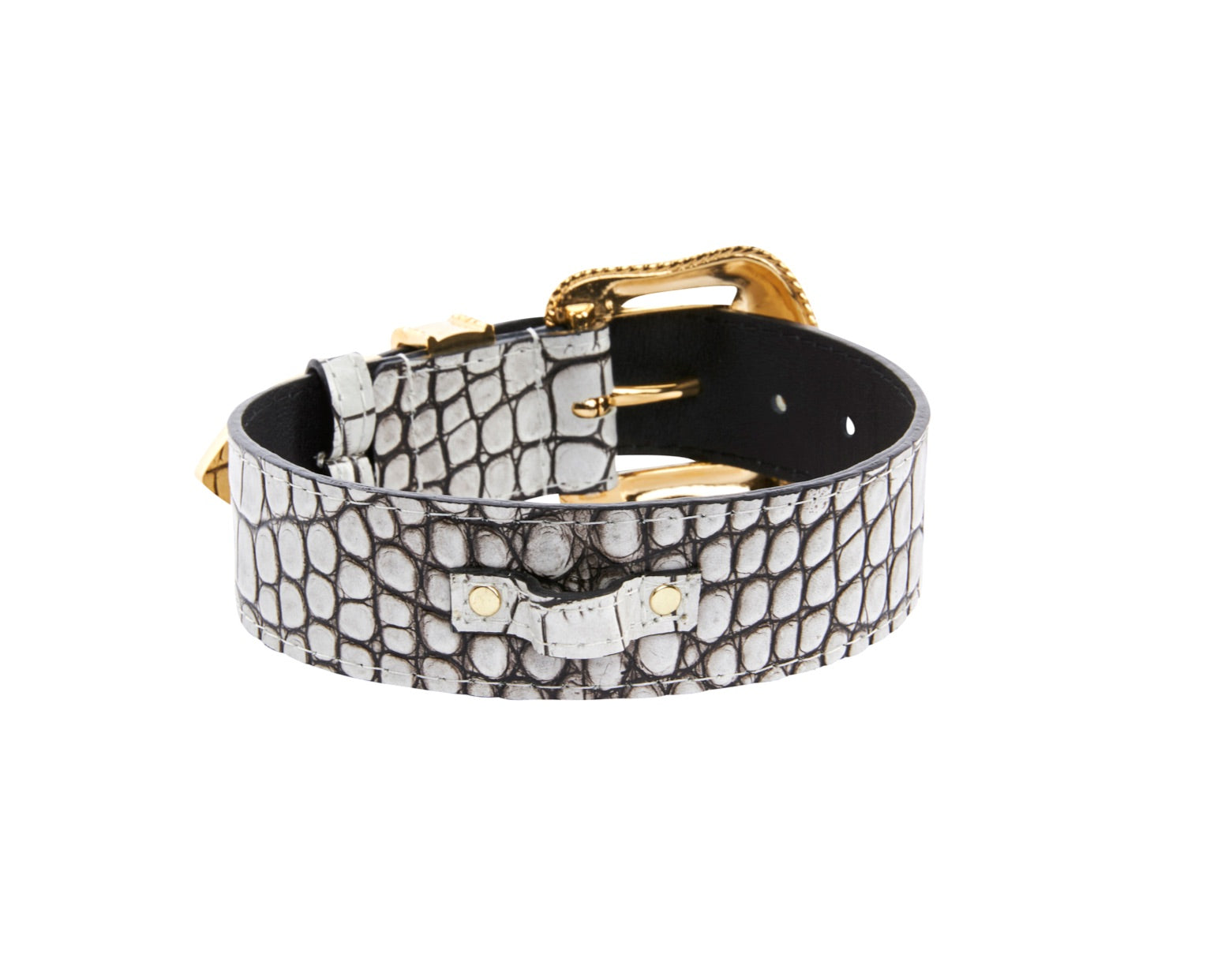 Allysa Payne Dark Brown/Off White Embossed Croc Italian Leather Dog Collar With Gold Swarovski Hardware
