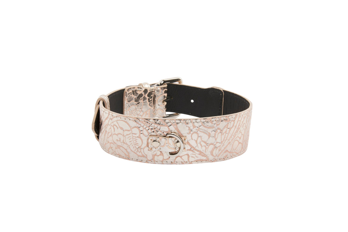 Allysa Payne Soft Pink/Silver Floral Print Italian Leather With Silver Classic Hardware Dog Collar