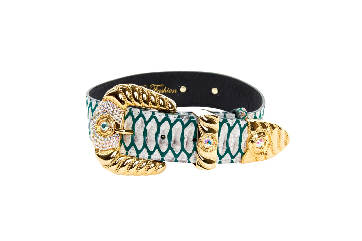 Allysa Payne Green & Off White Embossed Python Print Italian Leather With Ornate Swarovski Crystal Hardware Dog Collar