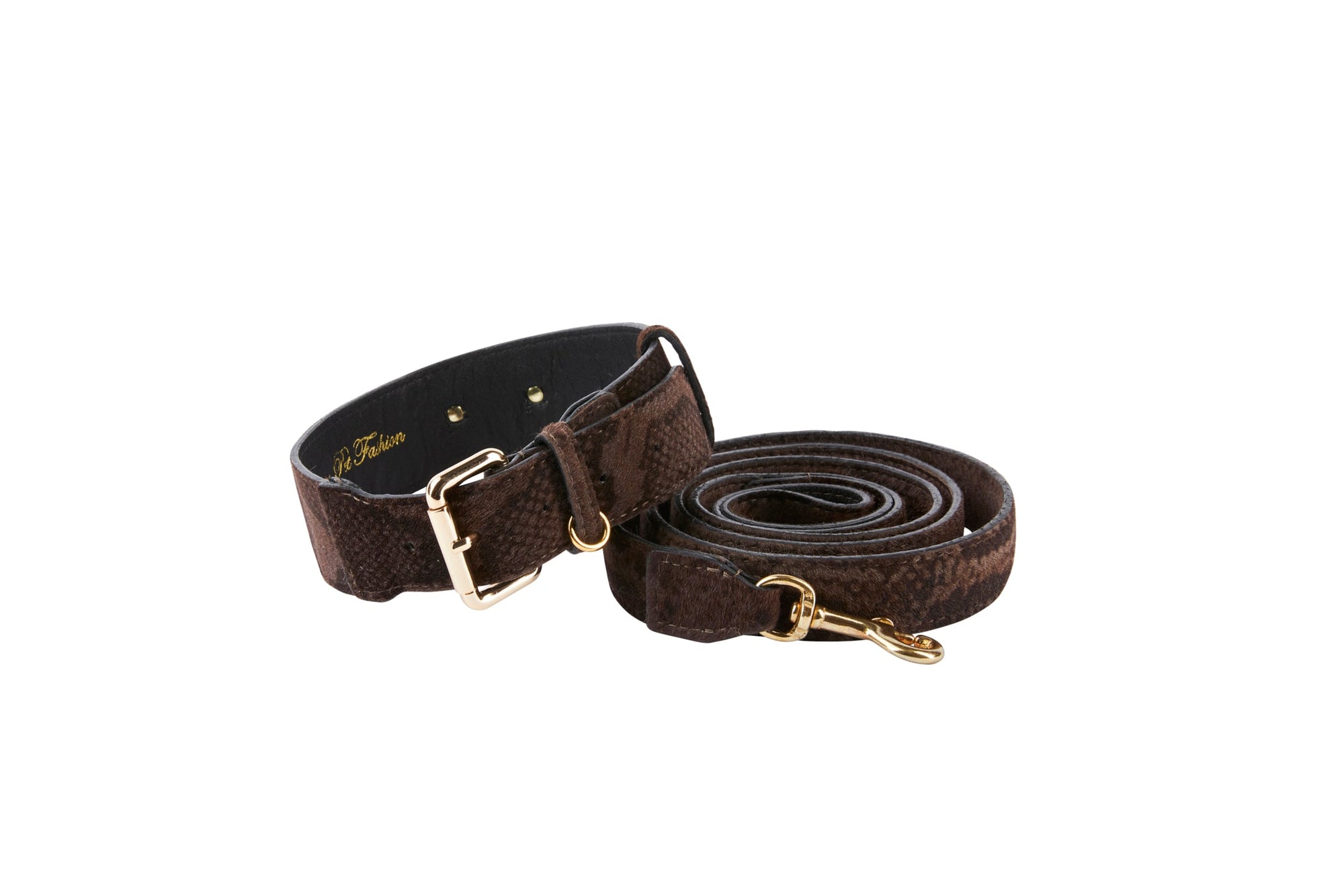 Allysa Payne Brown Snake Print Hair On Hide Italian Leather With Classic Hardware Dog Collar & Leash Set