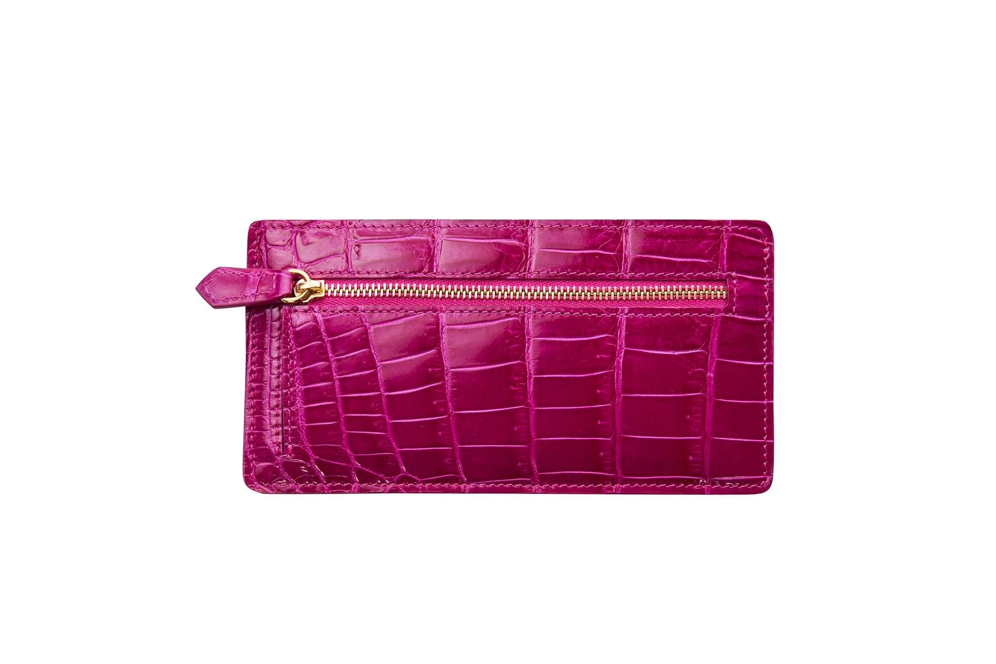 Fuchsia Croc Card Wallet With Zip Pocket