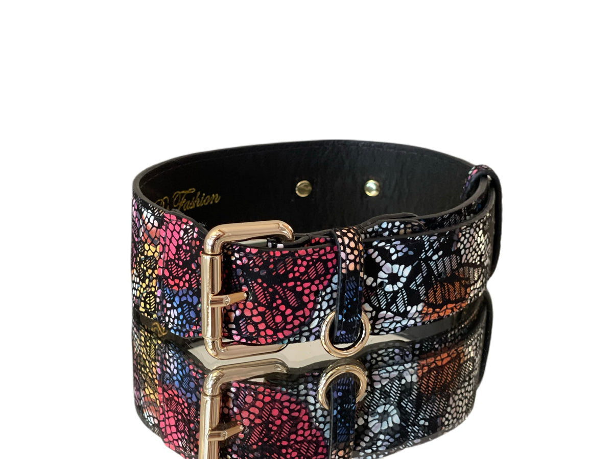 Allysa Payne Luxury Pet Fashion Black Floral Lace Italian Leather Dog Collar With Gold Classic Hardware