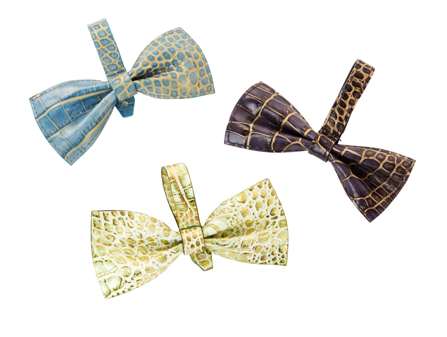 Allysa Payne Blue, Purple & Green/Gold Embossed Croc Italian Leather Bowtie Set Of 3