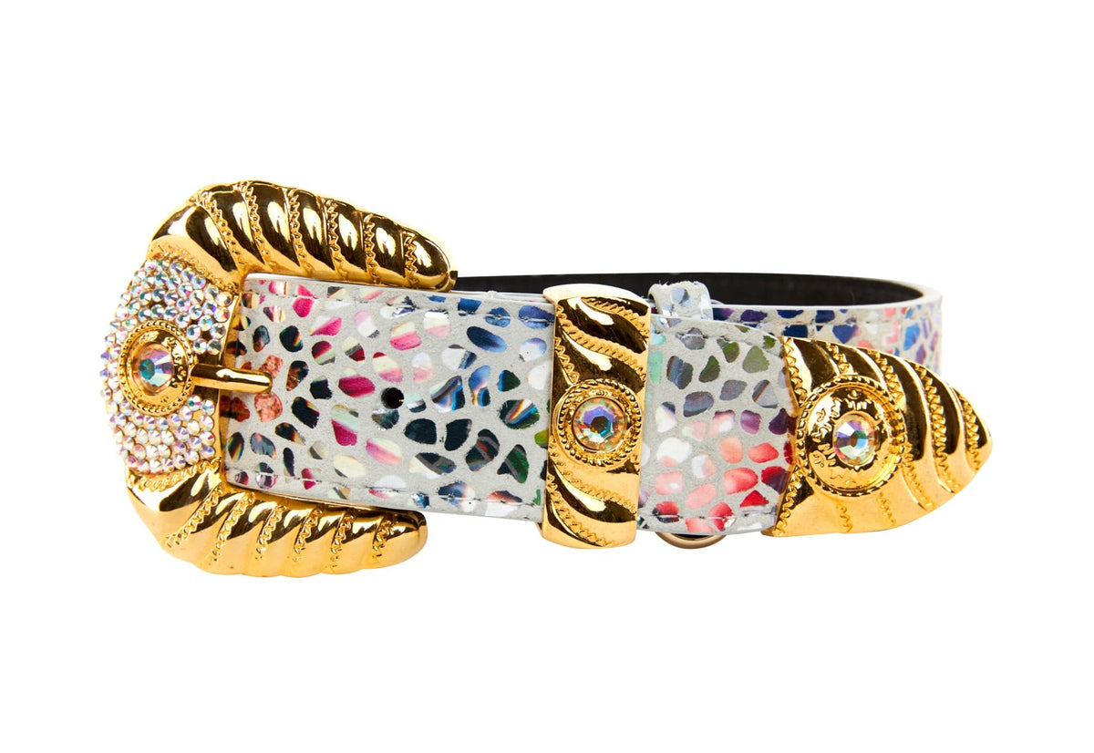 Allysa Payne White Floral Mosaic Italian Leather Dog Collar with Orante Swarovski Crystal Hardware