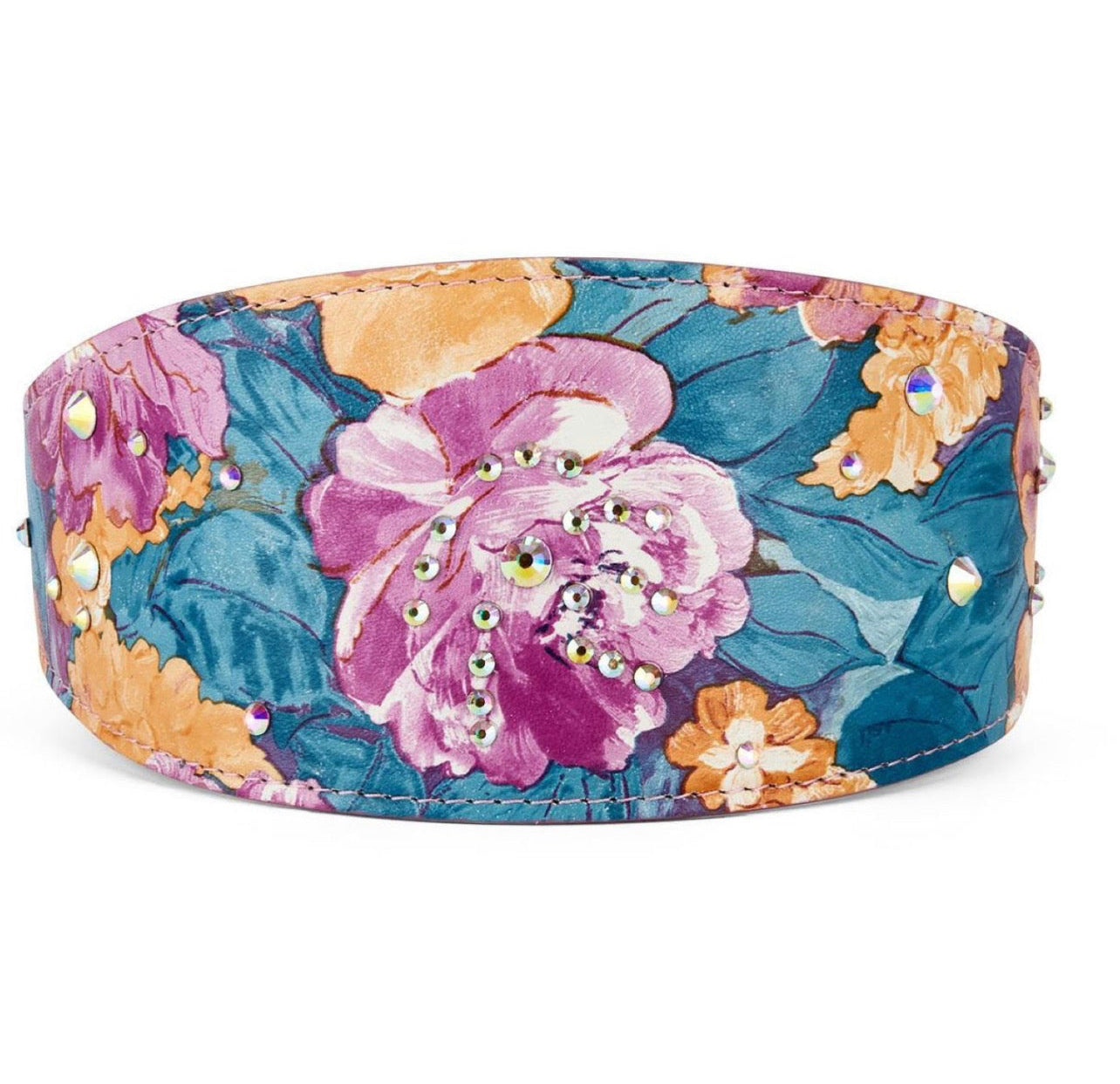 Allysa Payne Floral Print Italian Leather 3-Inch Wide Style Dog Collar with Swarovski Crystals
