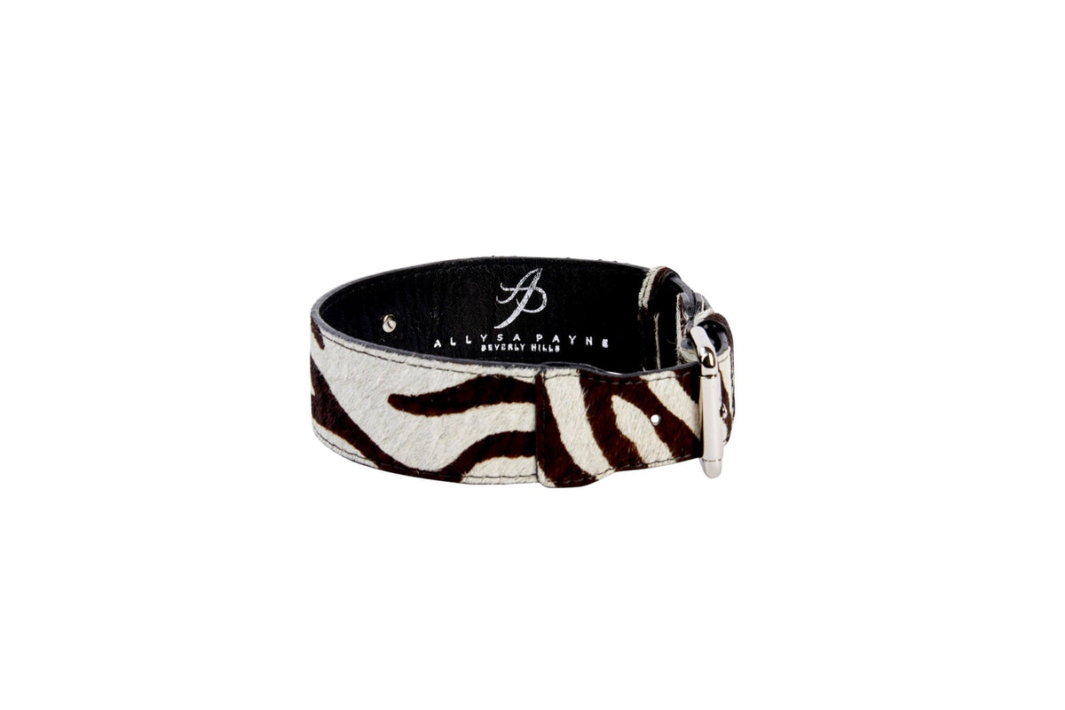 Allysa Payne Distressed Brown & White Zebra Print Hair On Hide Classic Dog Collar with Silver Classic Hardware