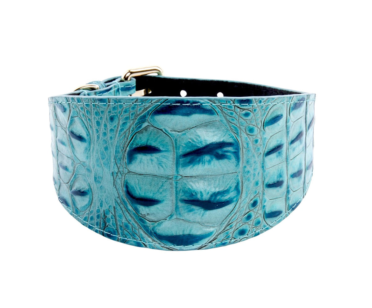 Allysa Payne Turquoise Embossed Croc Italian Leather 3-Inch Wide Style Dog Collar