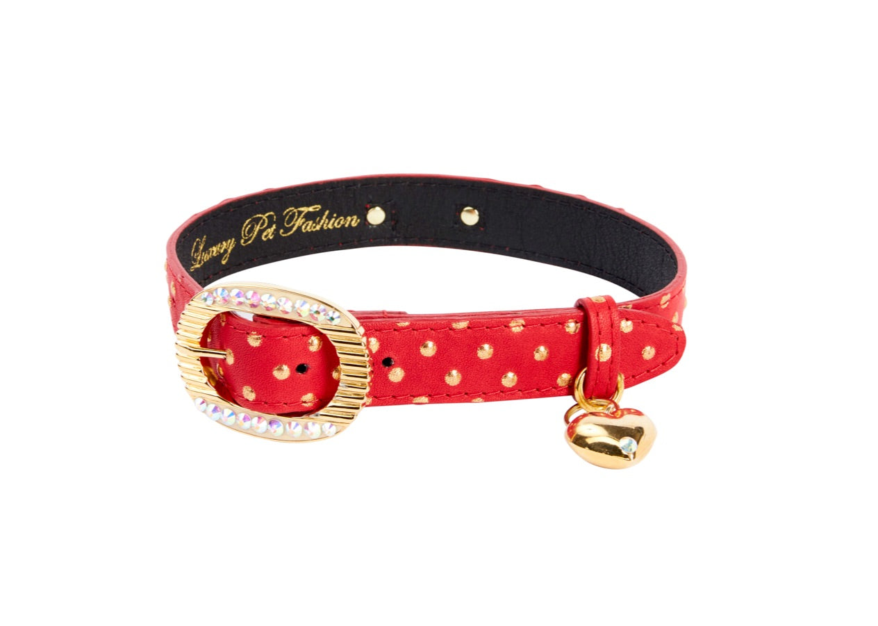 Red & Gold Polka Dot Italian Leather Collar With Italian/Swarovski Hardware & Heart Charm