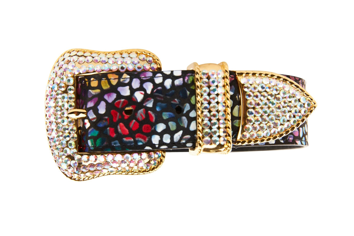 Allysa Payne Luxury Pet Fashion Black Floral Mosaic Italian Leather With Gold Swarovski Crystal Hardware Dog Collar