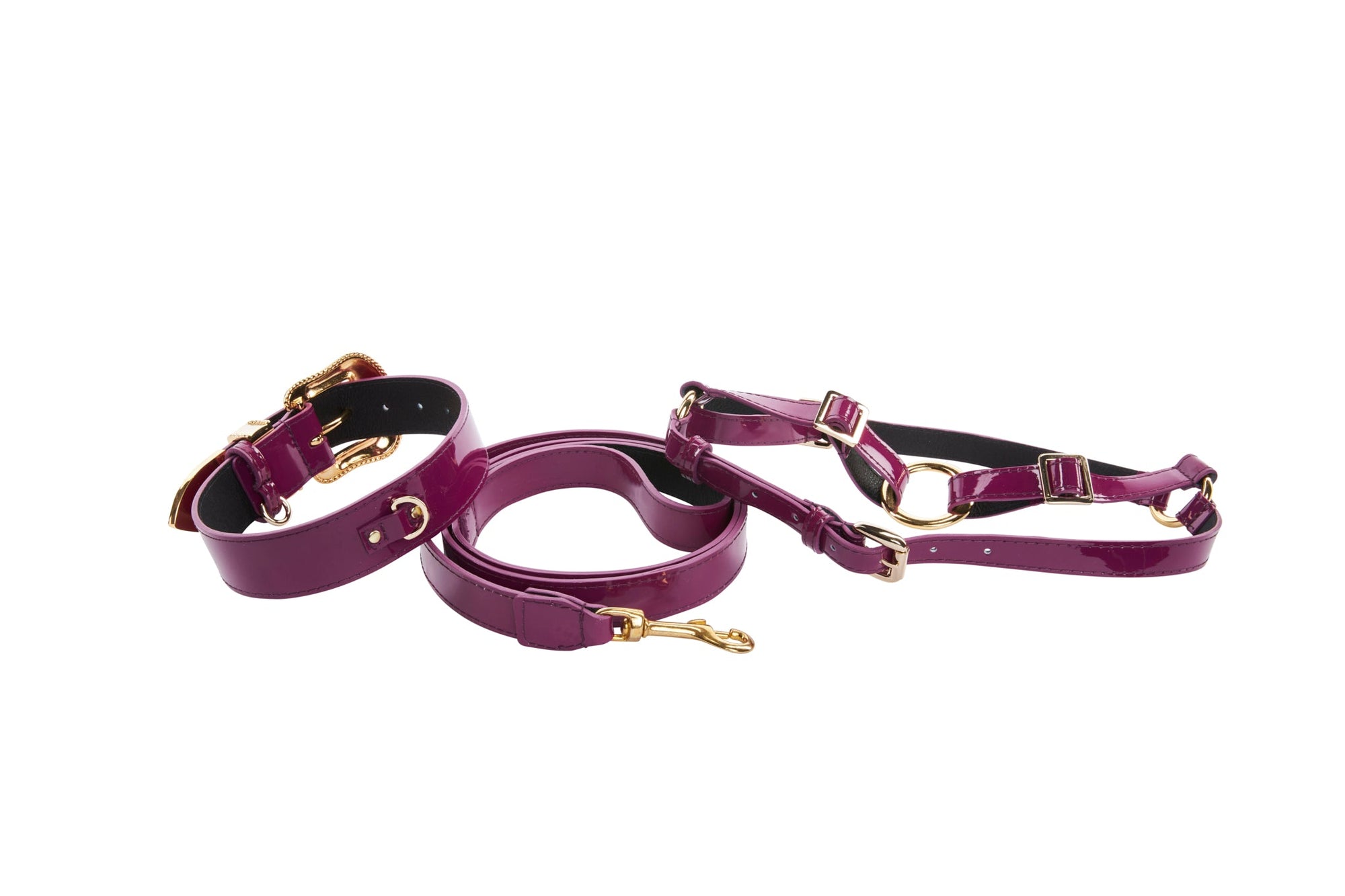 Allysa Payne Purple Patent Italian Leather/Swarovski Crystal Hardware Dog Collar, Leash & Harness Set