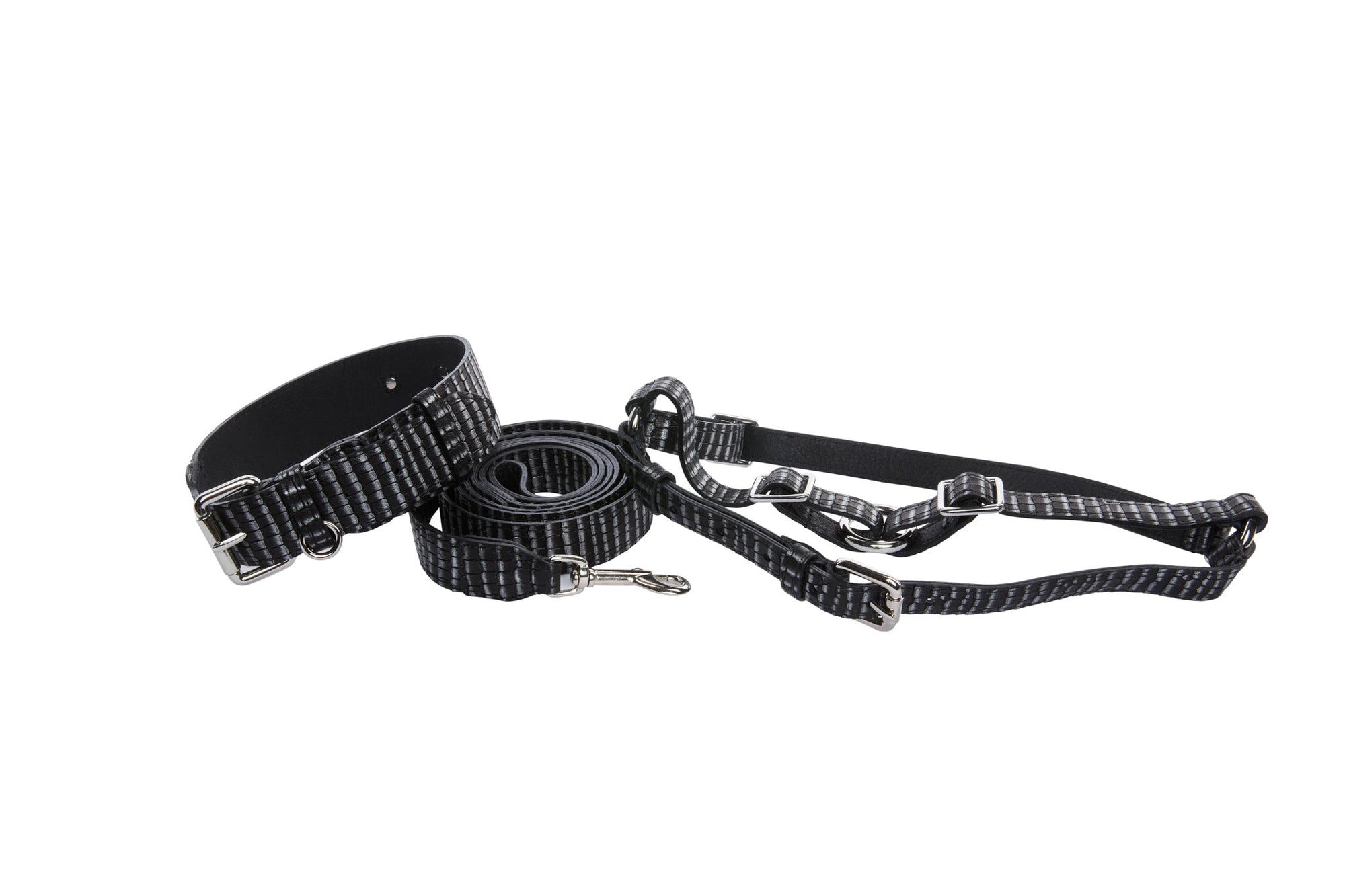 Allysa Payne Black & Silver Striped Italian Leather Classic With Silver Hardware Dog Collar, Leash & Harness Set