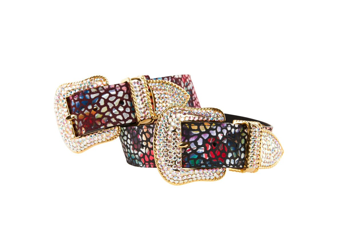 Allysa Payne Luxury Pet Fashion Burgundy Floral Mosaic & Black Floral Mosaic Italian Leather With Silver Swarovski Crystal Hardware Dog Collar