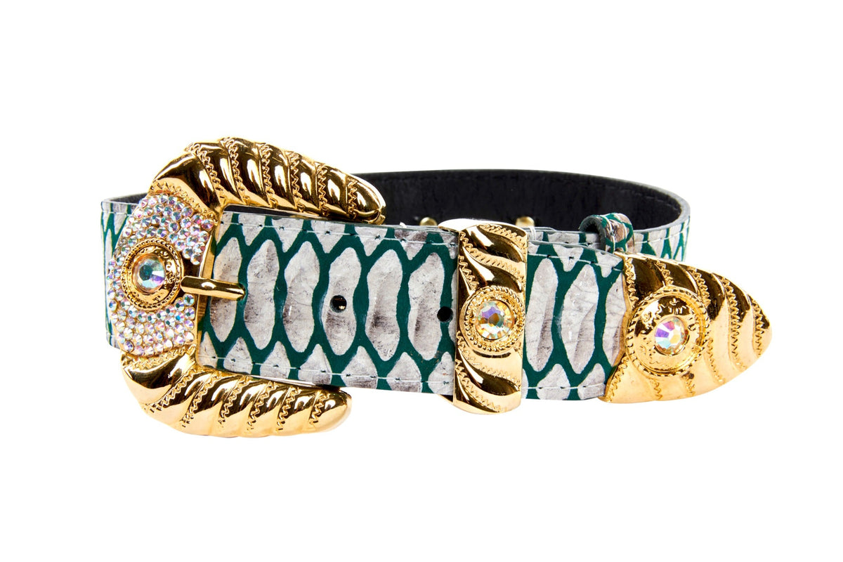 Allysa Payne Green & Off White Embossed Python Print Italian Leather With Ornate Swarovski Crystal Hardware Dog Collar