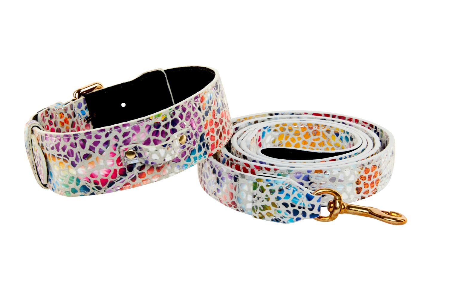 Allysa Payne White Floral Mosaic Italian Leather With Gold Classic Hardware Dog Collar & Leash Set