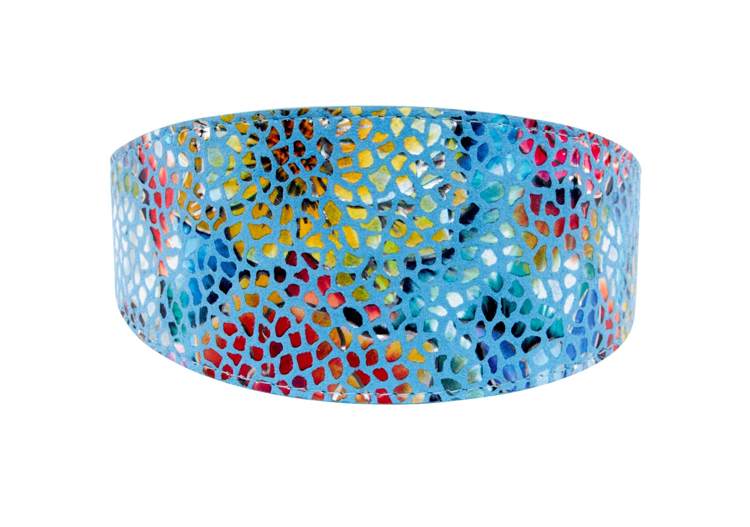 Blue Floral Mosaic Italian Leather 3” Wide Style Collar