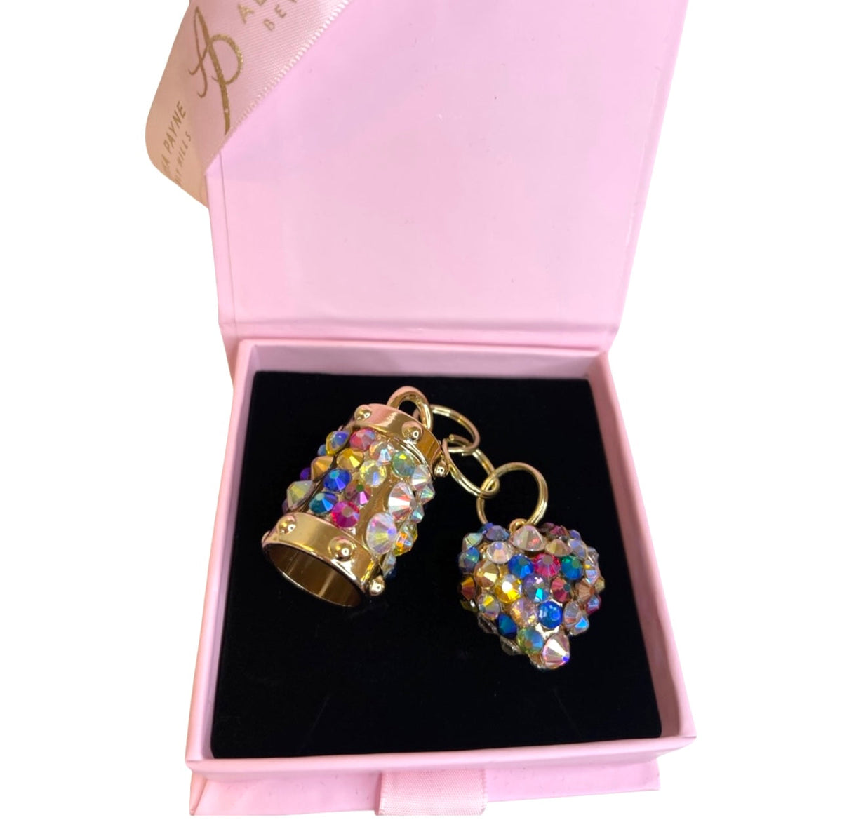 Allysa Payne Set Of 2 Rainbow Color Swarovski Crystal Heart & Cylinder Matching Swarovski Charm