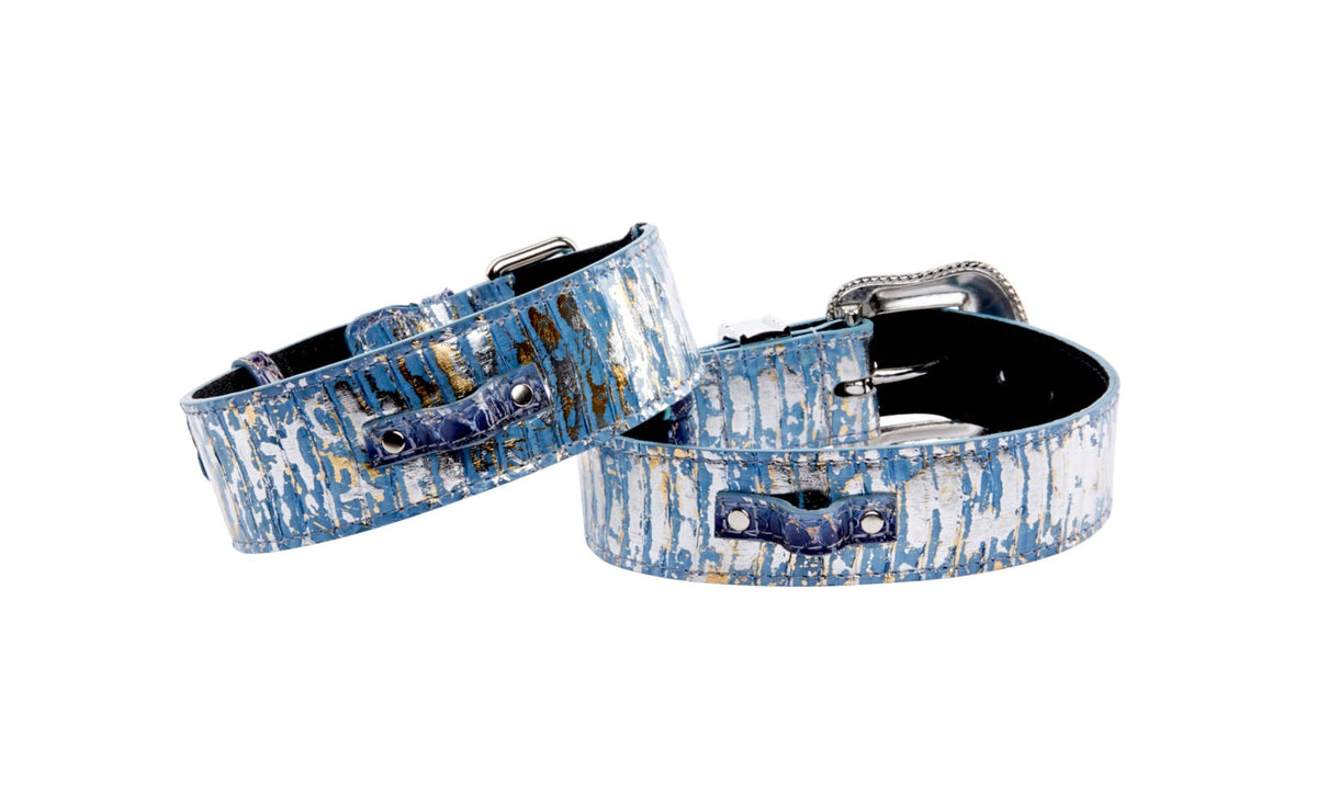 Allysa Payne Light Blue/Dark Blue Silver Iridescent Snake Classic Dog Collar & Swarovski Crystal Collar Set
