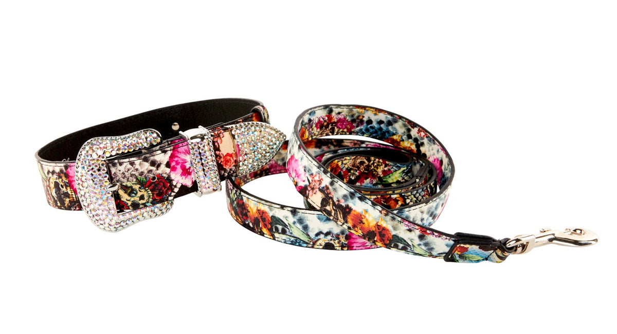 Allysa Payne Floral, Scull, Snake Print Italian Leather/Swarovski Crystal Dog Collar & Leash Set