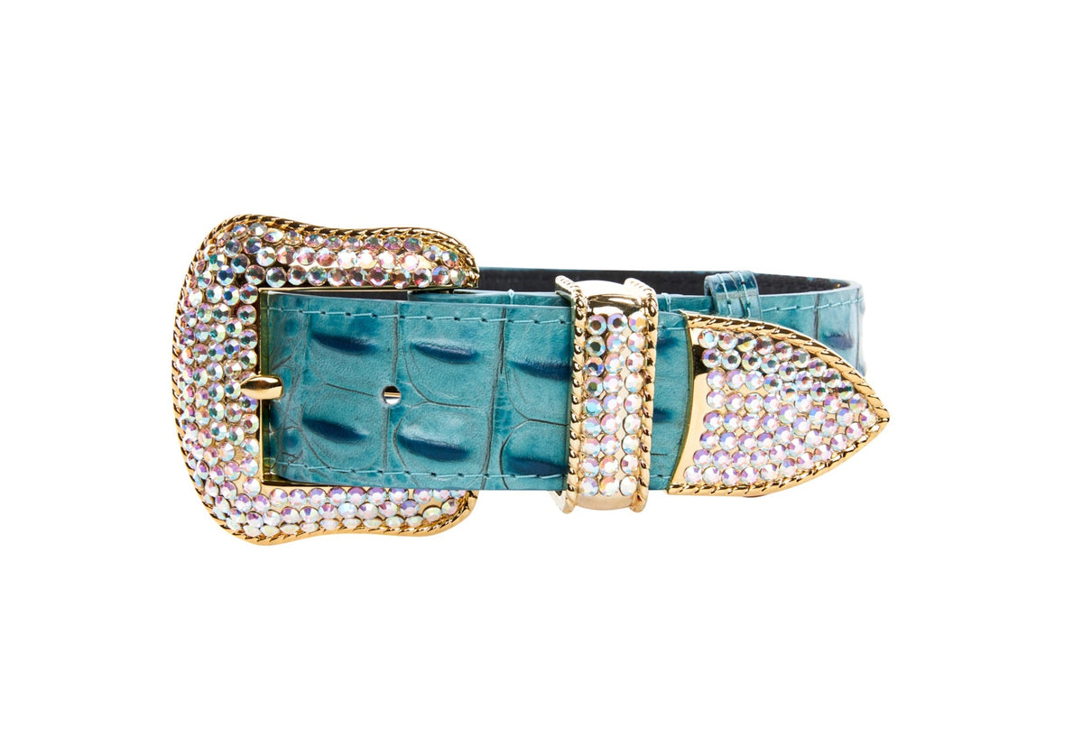 Allysa Payne Turquoise Embossed Croc Italian Leather/Swarovski Crystal Hardware Dog Collar
