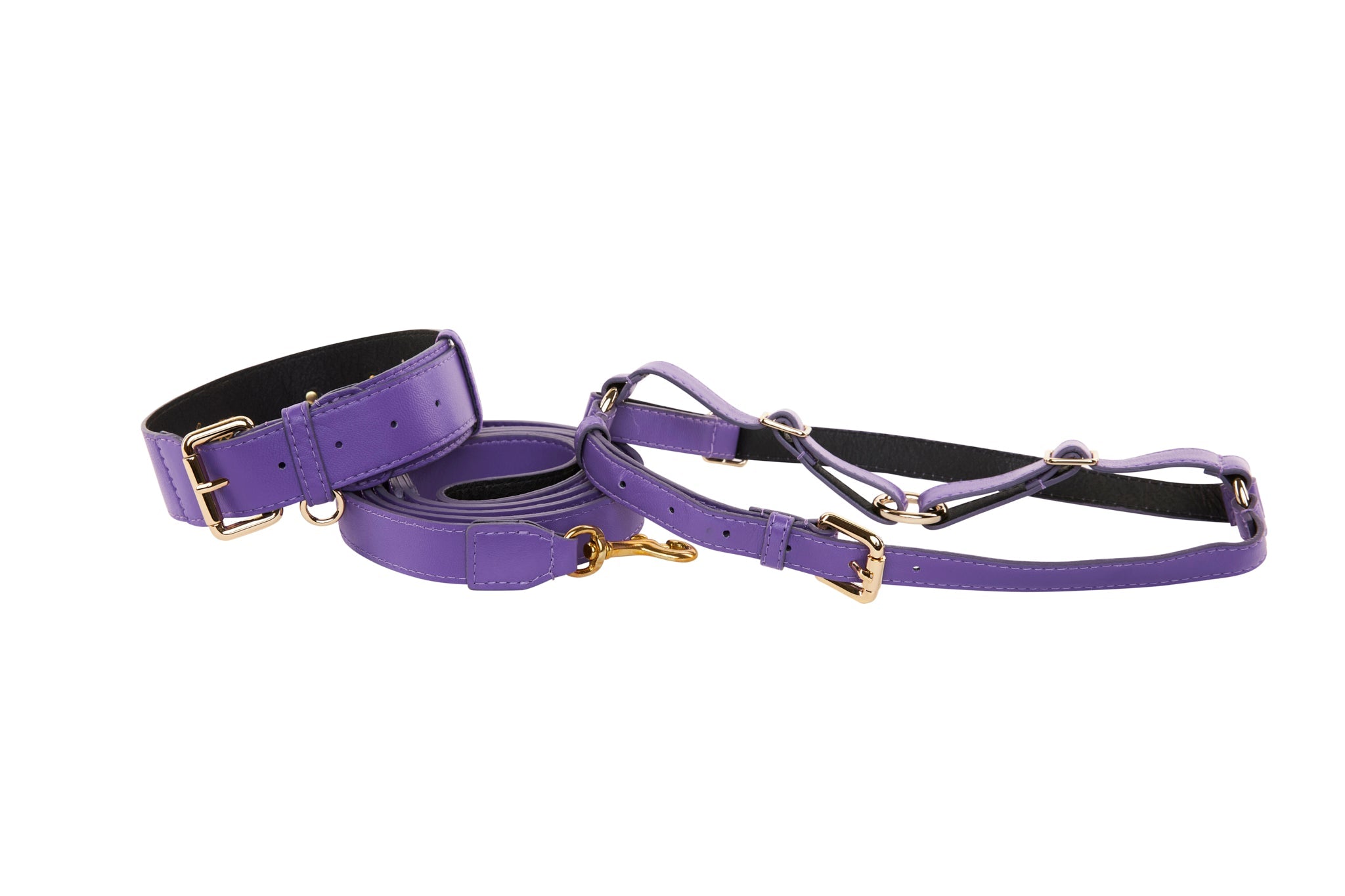 Purple Italian Leather Classic Collar, Leash, Harness Set