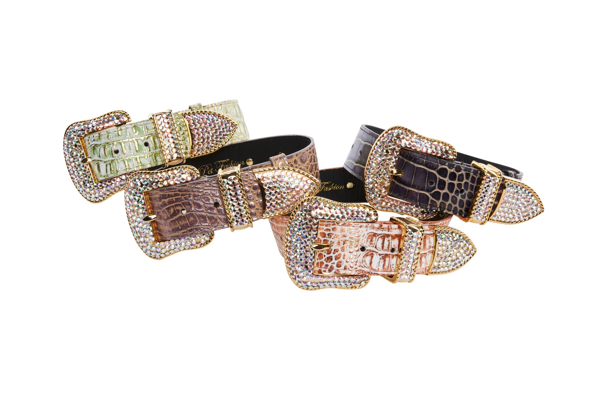 Embossed Croc Italian Leather/Swarovski Crystals Collars. Set Of 4