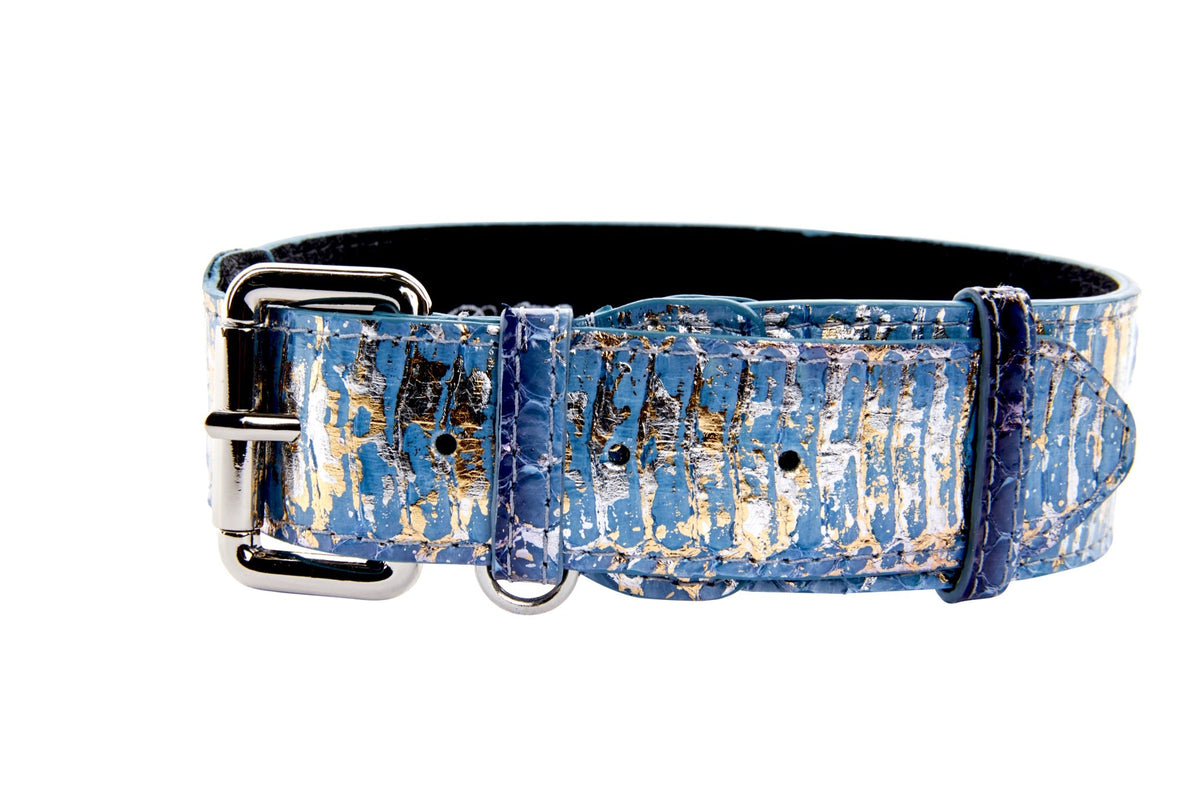 Allysa Payne Light Blue/Dark Blue Silver Iridescent Snake Dog Collar With Silver Classic Hardware