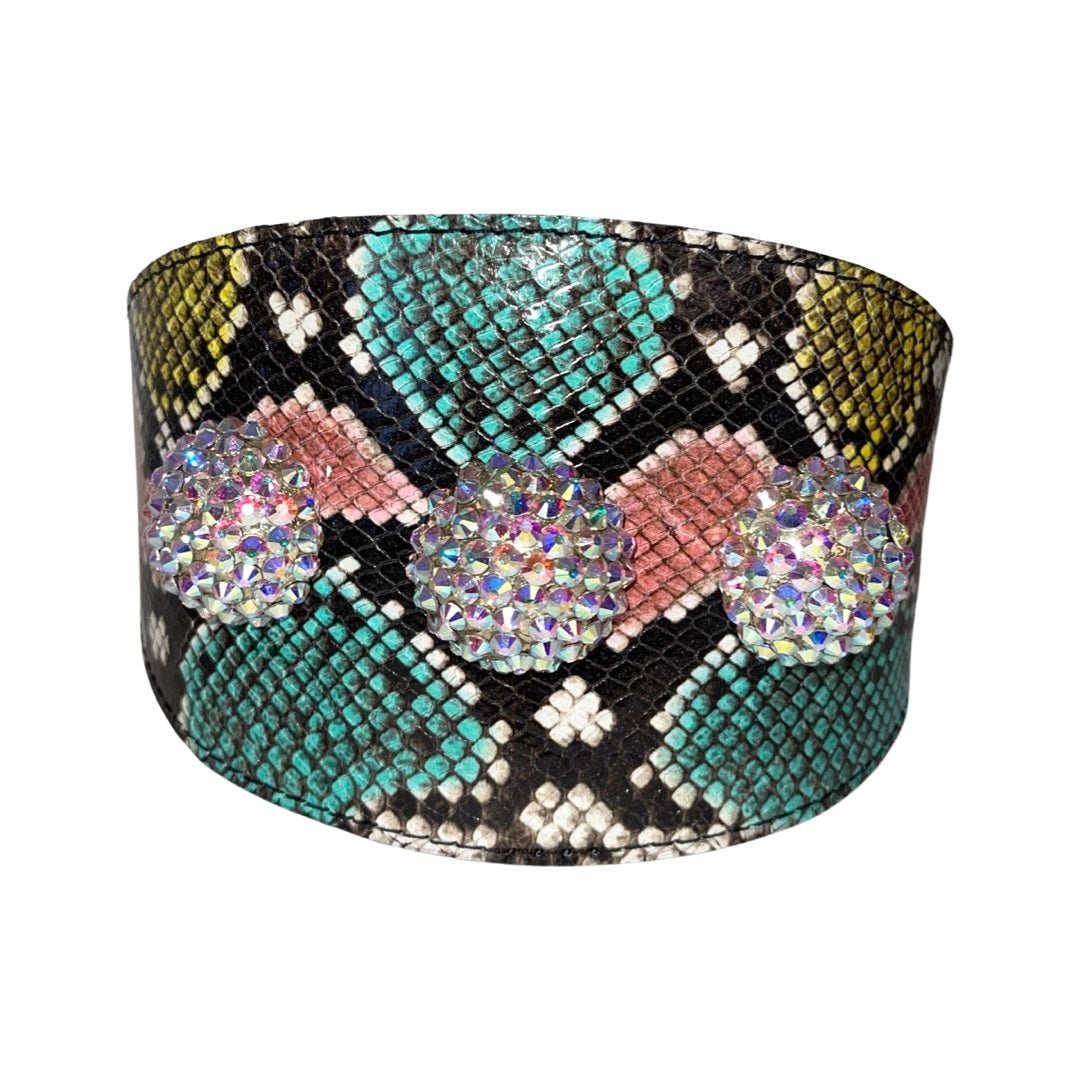 Allysa Payne Multi-Color Embossed Snake Italian Leather Wide Style Dog Collar With Custom Swarovski Crystal Rivets