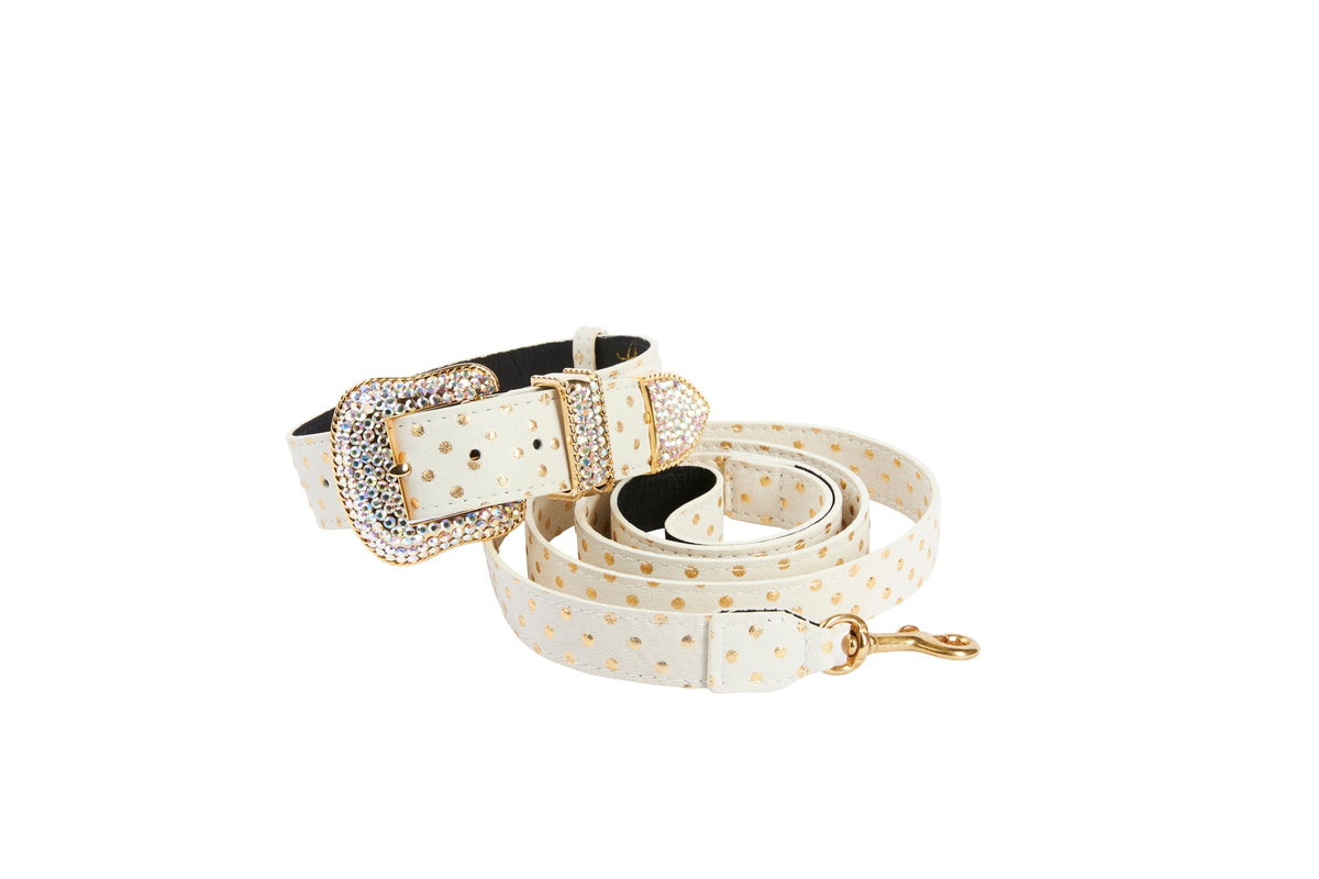 Allysa Payne White and Gold Polka Dot Italian Leather/Swarovski Crystal Hardware Dog Collar & Leash Set