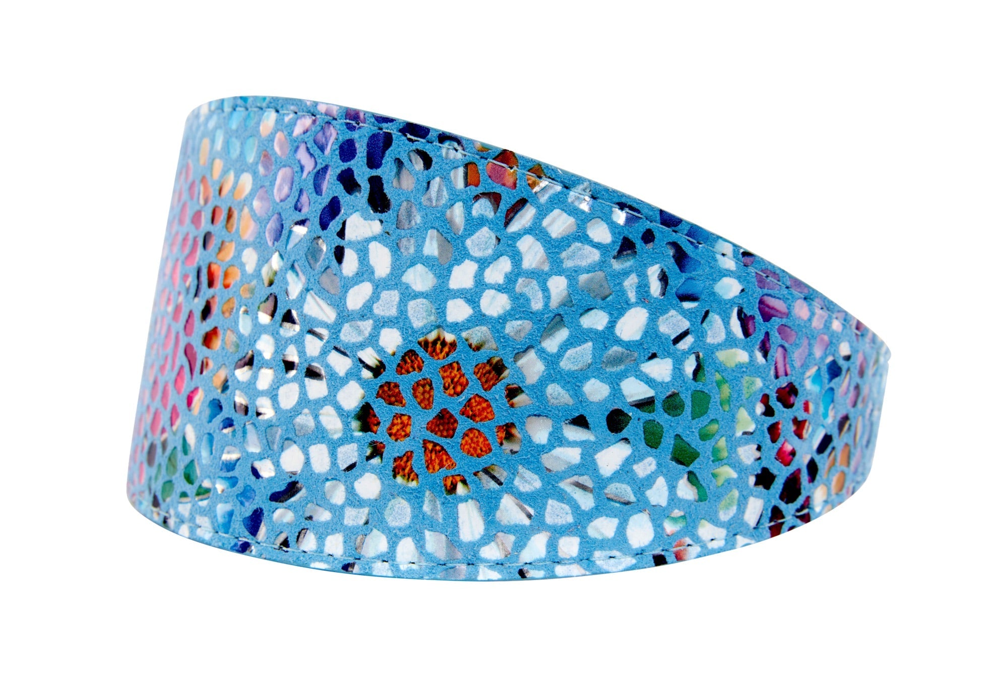 Blue Floral Mosaic Italian Leather 3” Wide Style Collar