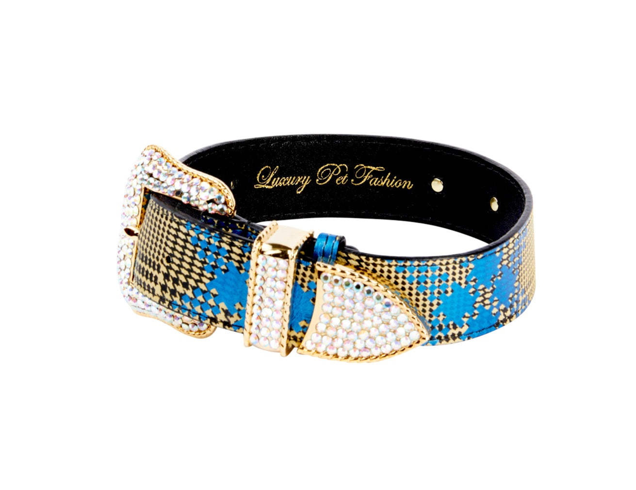Blue & Yellow Elegant Plaid Italian Leather Collar With Swarovski Crystal Hardware