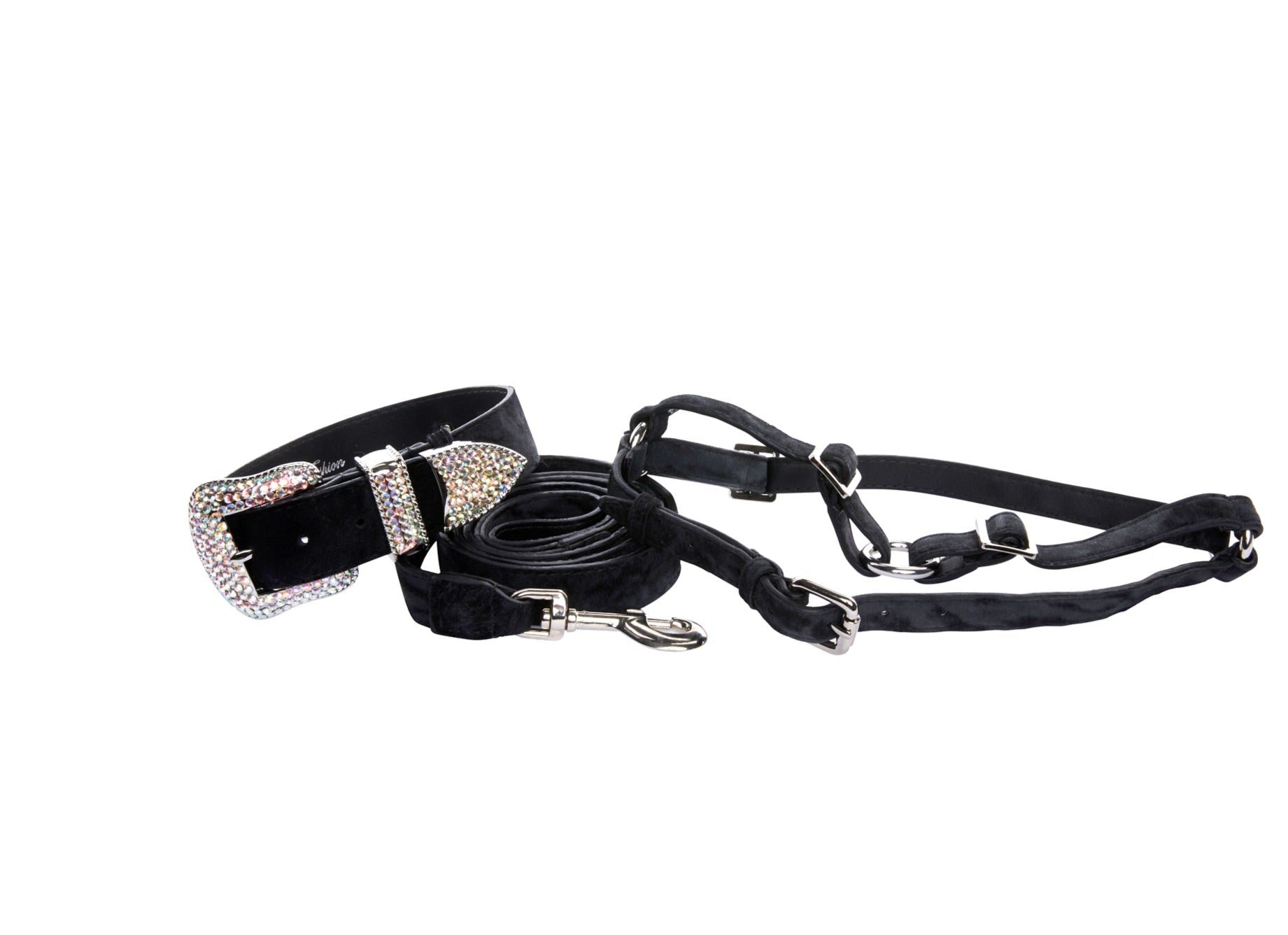 Allysa Payne Black & Dark Navy Blue Glamorous, Classic Italian Leather With Silver Swarovski Hardware Dog Collar, Leash & Harness Set