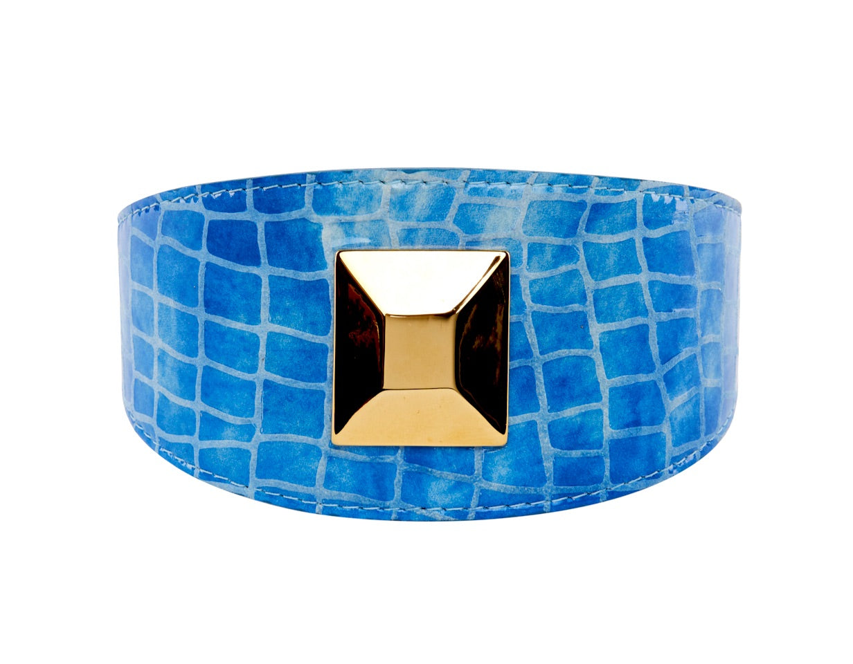 Blue Patent Embossed Croc Italian Leather Collar With Large Gold Custom Rivet