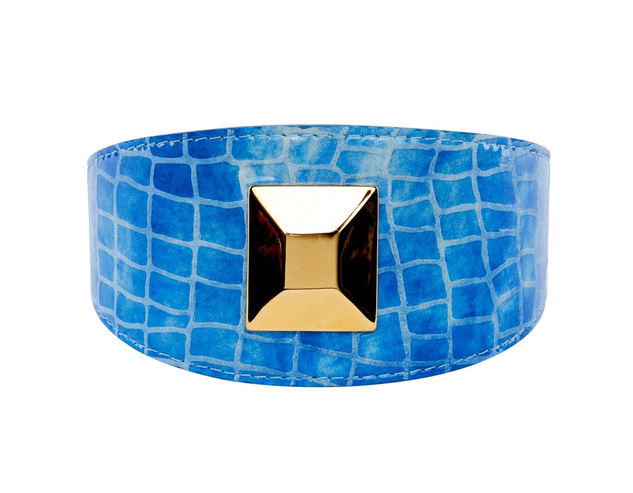 Allysa Payne Blue Patent Embossed Croc Italian Leather Dog Collar With Large Gold Custom Rivet