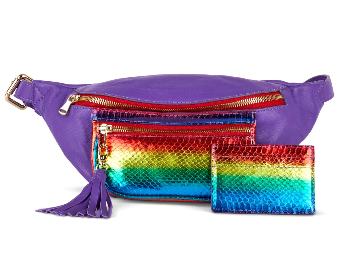 Allysa Payne Rainbow Snake, Purple Italian Leather Fanny Pack & Wallet Set