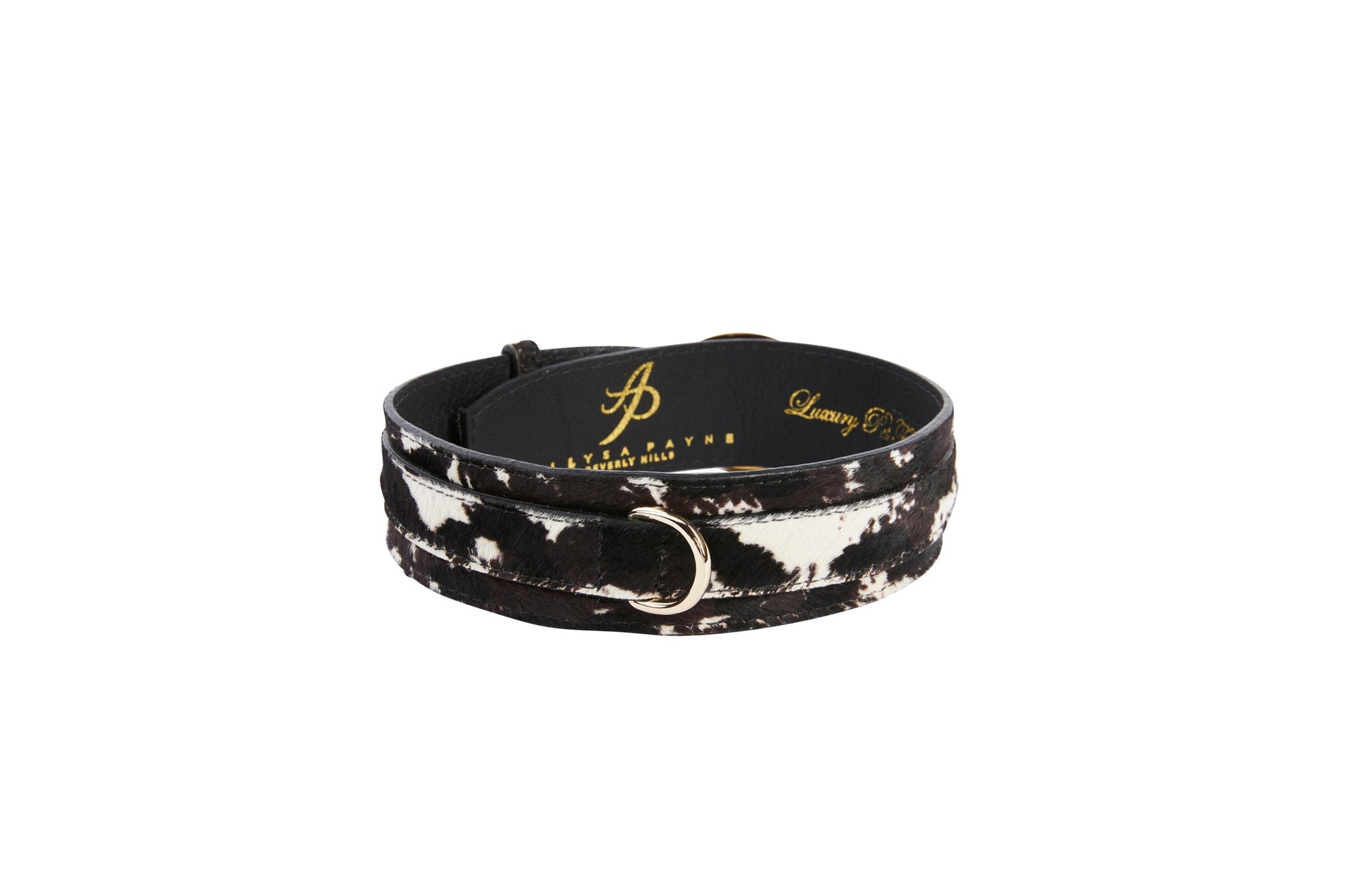 Allysa Payne Brown, White, Black Hair On Hide Italian Leather Dog Collar With 3 Piece Italian Hardware