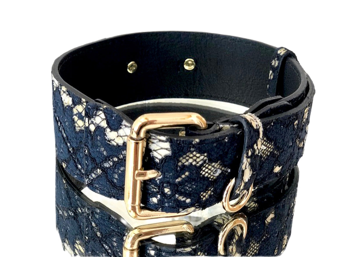 Allysa Payne Luxury Pet Fashion Navy Lace Over Leather Dog Collar