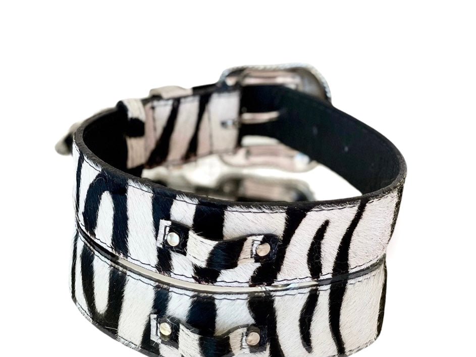 Allysa Payne Luxury Pet Fashion Tiger Print Hair On Hide Italian Leather Dog Collar With Swarovski Crystal Hardware