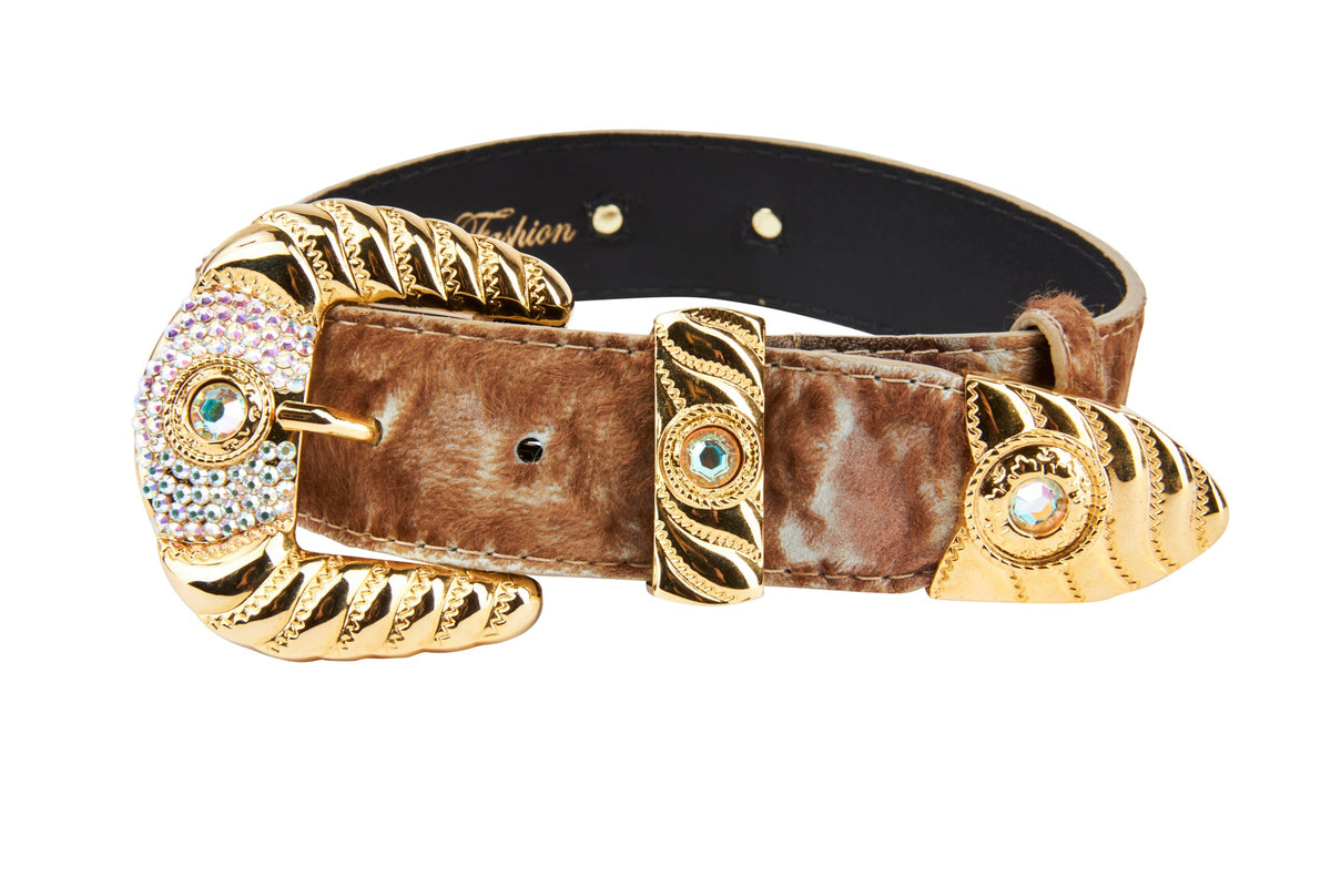 Allysa Payne Rustic, Chic Hair On Hide Italian Leather With Ornate Swarovski Crystal Italian Hardware Dog Collar