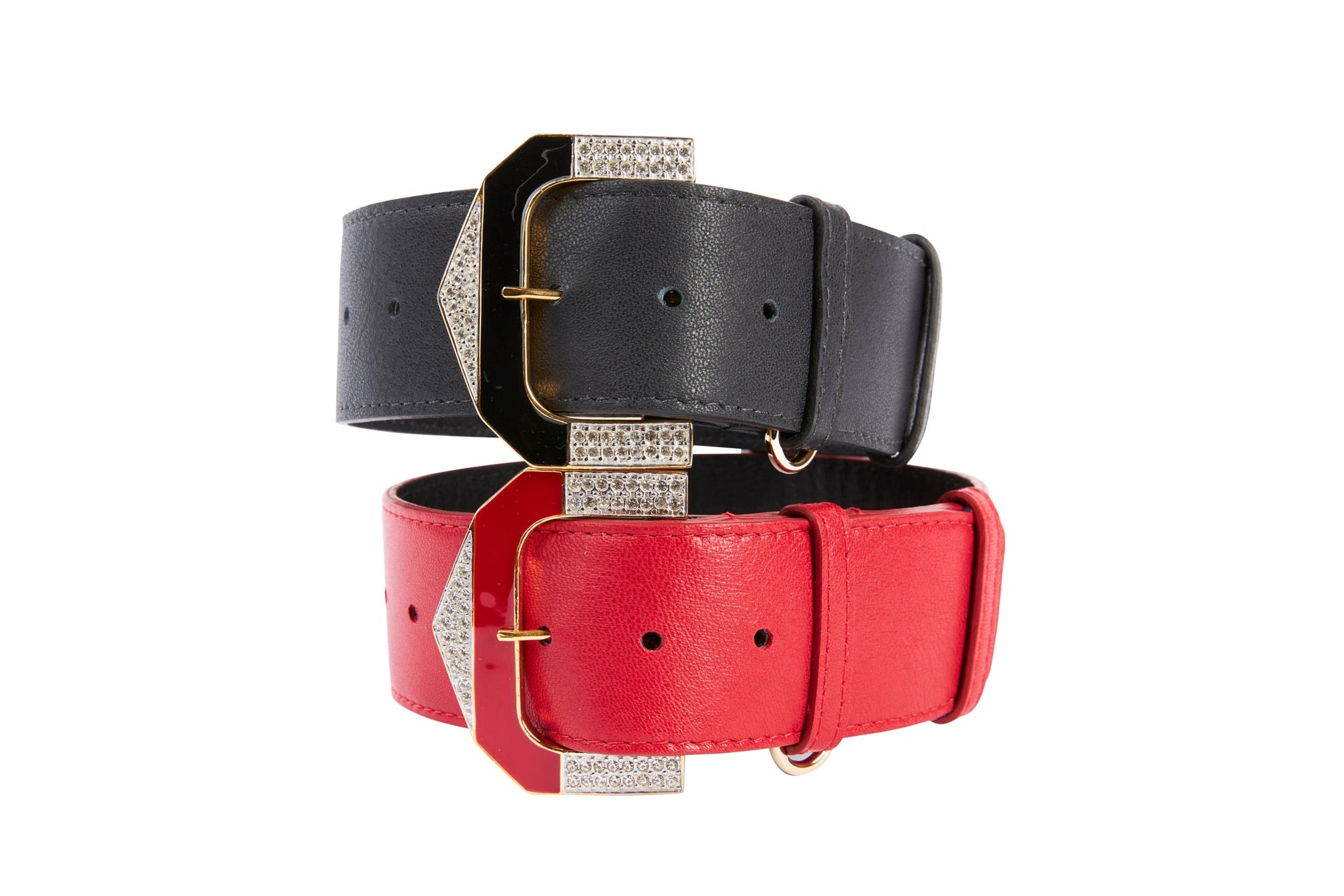 Allysa Payne Black Italian Leather & Red Italian Leather Dog Collar Set With Custom Glamorous Italian Hardware