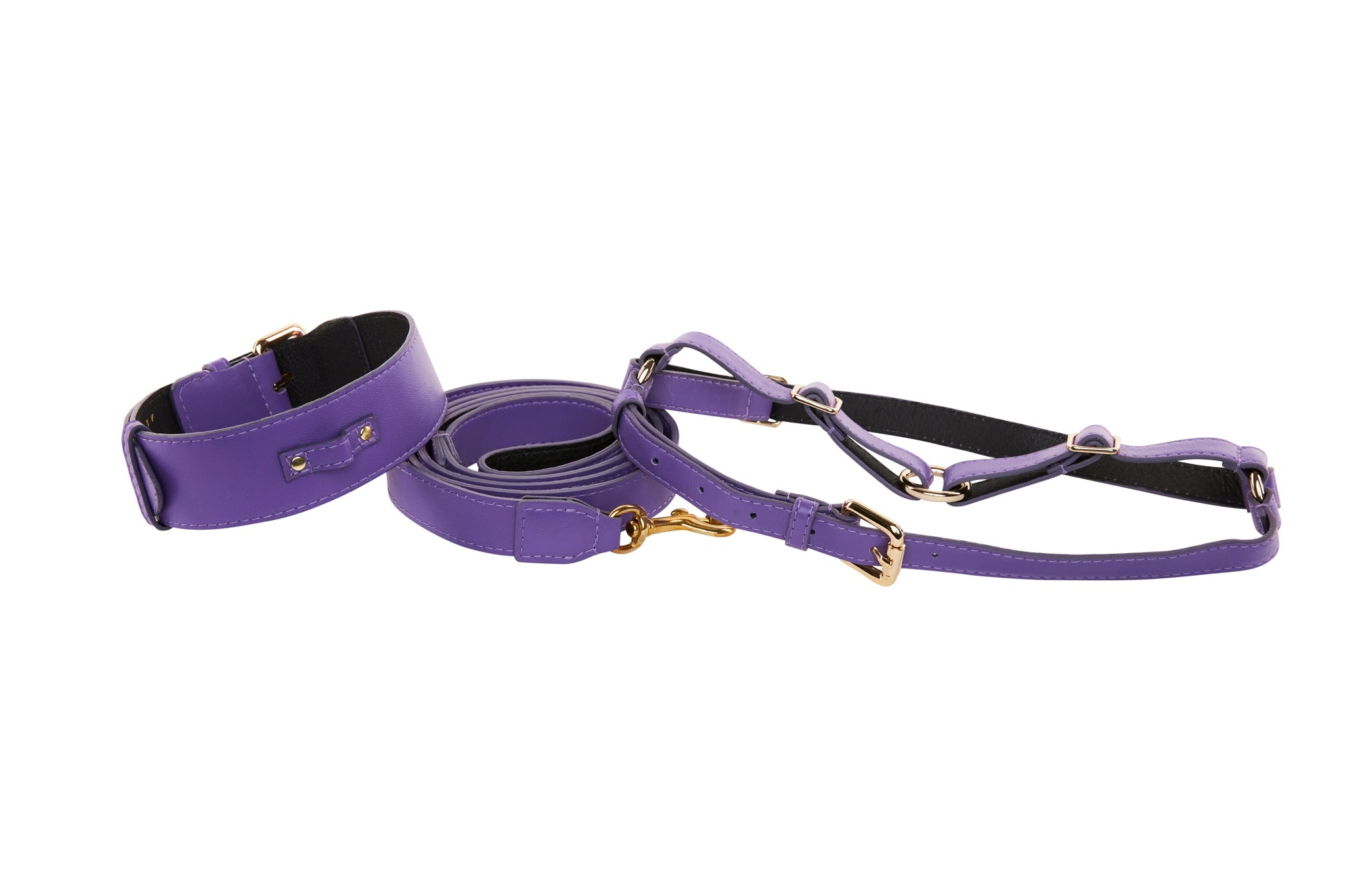 Purple Italian Leather Classic Collar, Leash, Harness Set