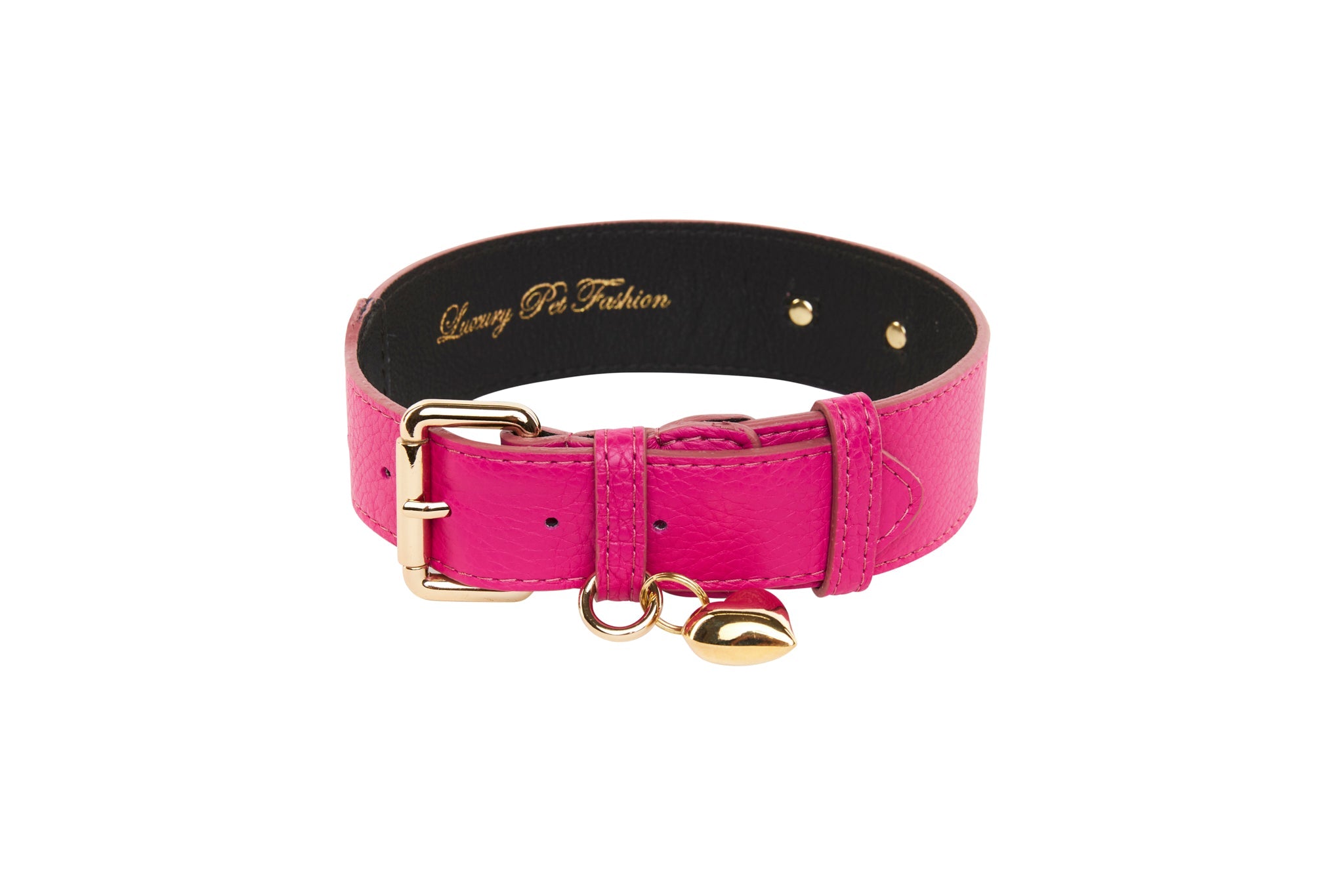 Fuchsia Pink Italian Leather Classic Collar With Puffy Heart Charm