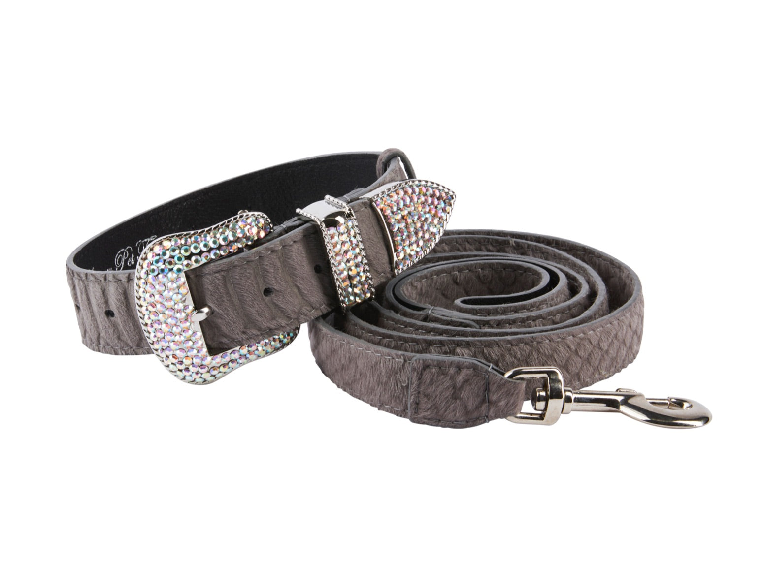 Dark Grey Snake Print Hair On Hide Italian Leather Collar & Leash Set With Swarovski Crystal Hardware