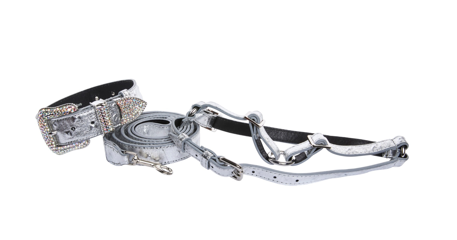 Silver Studded Italian Leather Swarovski Crystal Collar, Leash, Harness Set