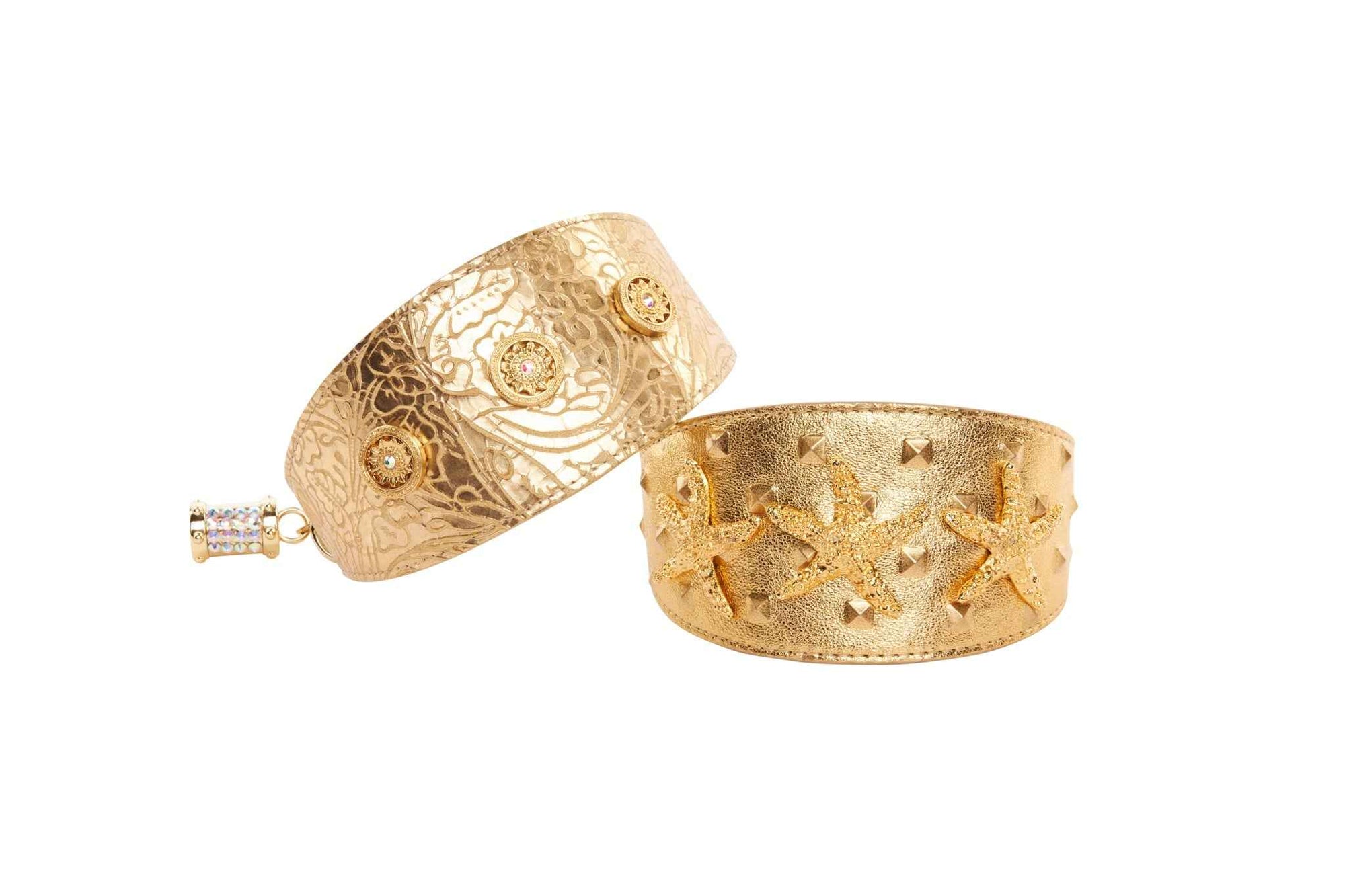 Allysa Payne Set Of Gold Floral Italian Leather With Swarovski Sunflowers & Gold Studded Italian Leather Starfish 3-Inch Wide Style Dog Collar