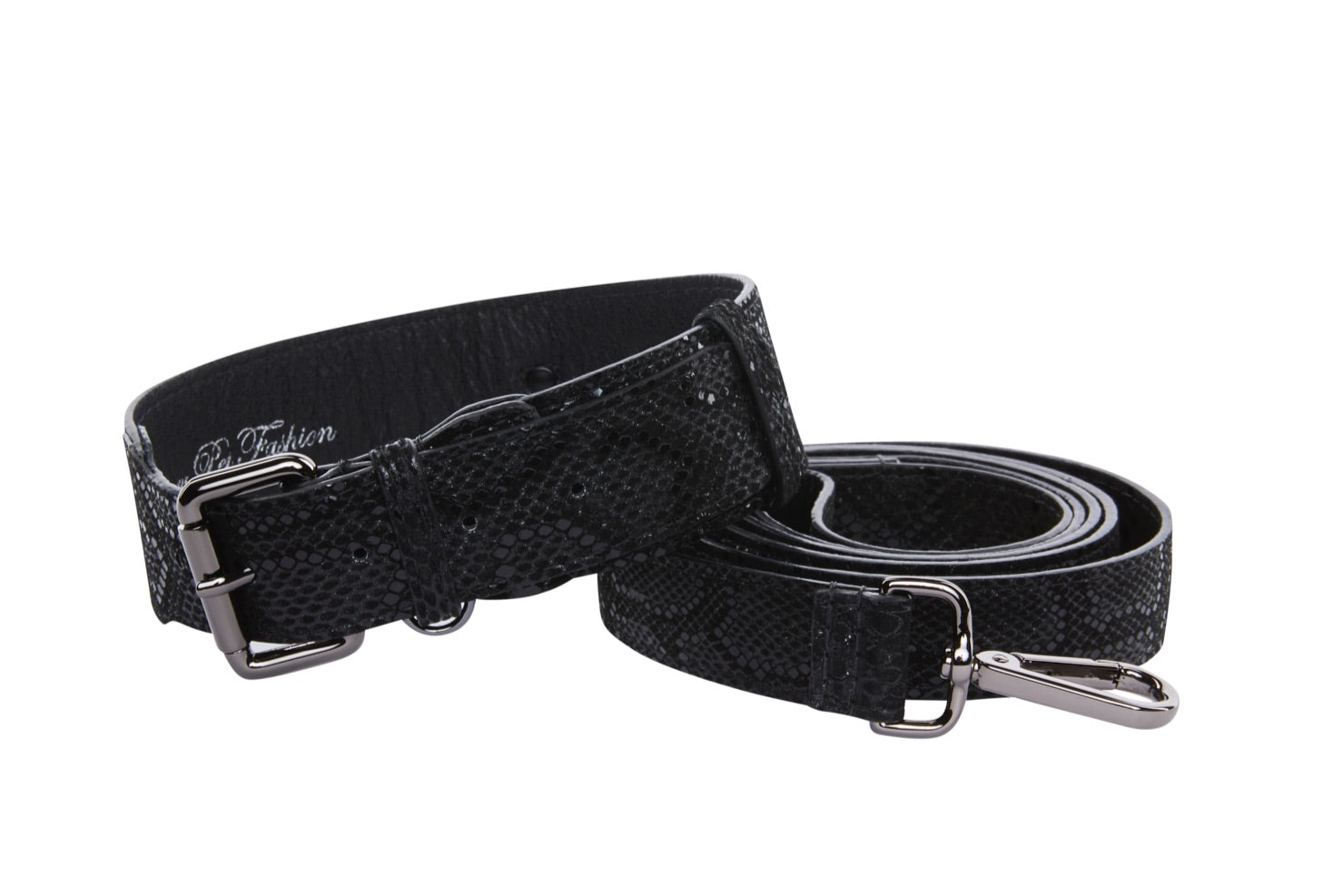 Glamorous Black Snake Print Italian Leather With Gun Metal Grey Hardware Collar, Leash Set