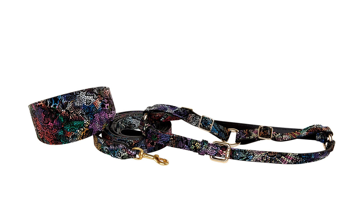 Allysa Payne Floral/Lace Embossed Italian Leather 3-Inch Wide Style Dog Collar, Leash & Harness Set