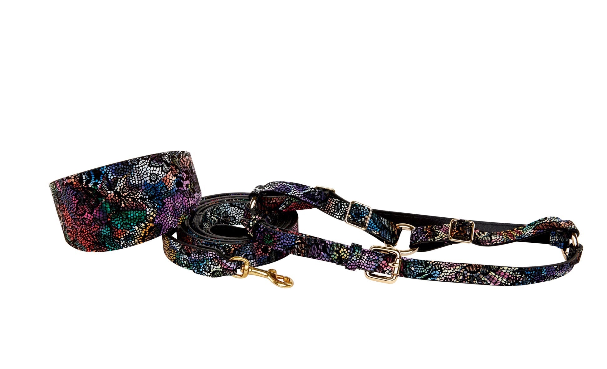 Floral/Lace Embossed Italian Leather 3" Wide Style Collar, Leash, Harness Set