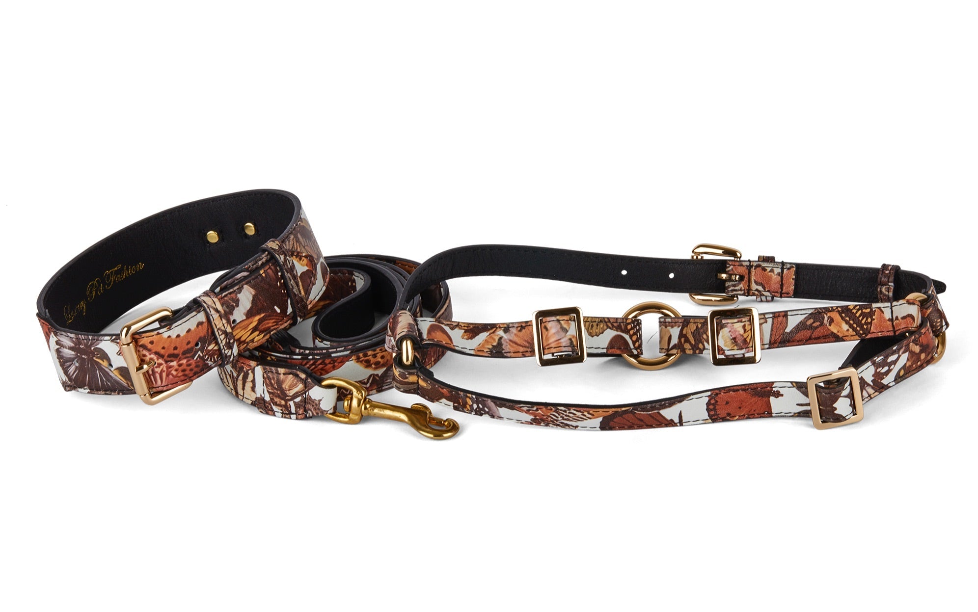 Allysa Payne Butterfly Print Italian Leather Classic Dog Collar, Leash & Harness Set