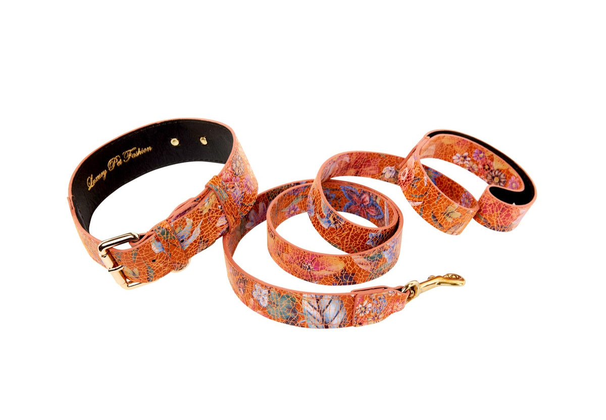 Allysa Payne Orange Floral Italian Leather Classic Dog Collar & Leash Set